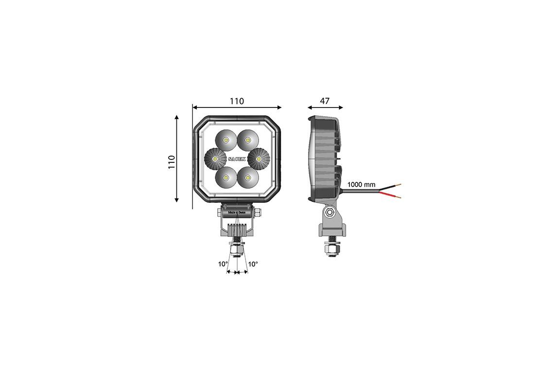Work light LED square 110X110mm - cable